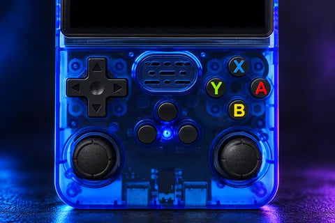 Blue console detail showing both analog sticks, D-pad and ABXY buttons