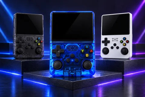 Black, blue and white retro handheld consoles on a graphite gaming display